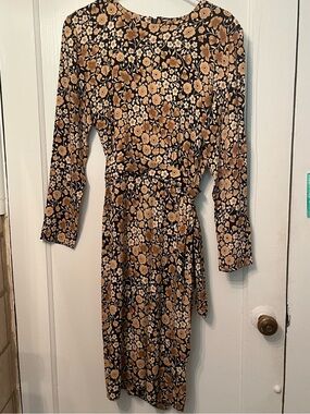 Vintage 90s Liz Claiborne Floral Faux Wrap Midi Dress - Size 8 Black Tan Rayon